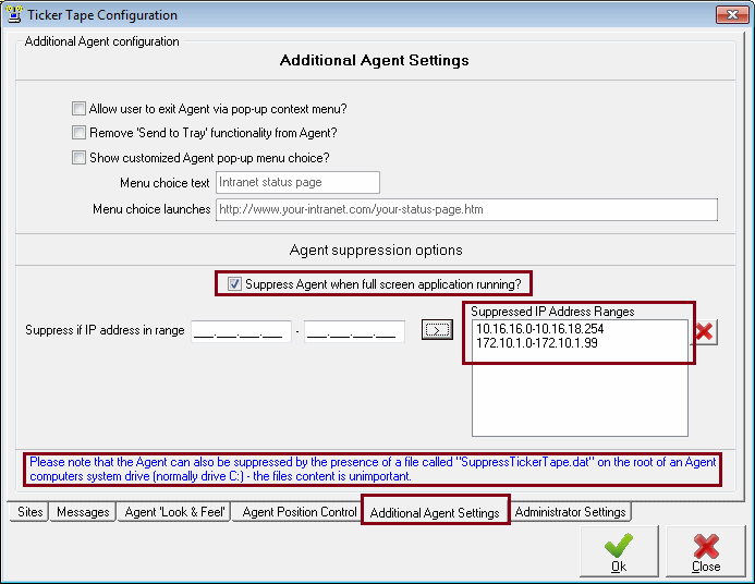 Additional Agent Settings - Suppression Options